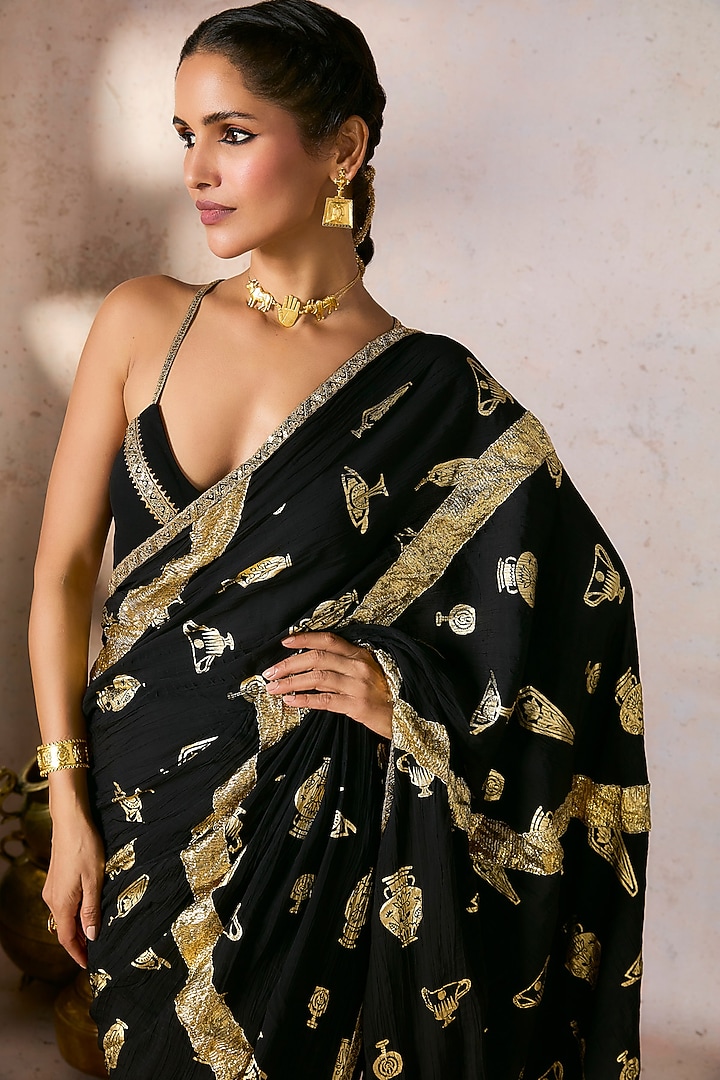 Black Crepe Silk Foil Printed & Gota Embellished Wedding Saree Set by Masaba at Pernia's Pop Up Shop