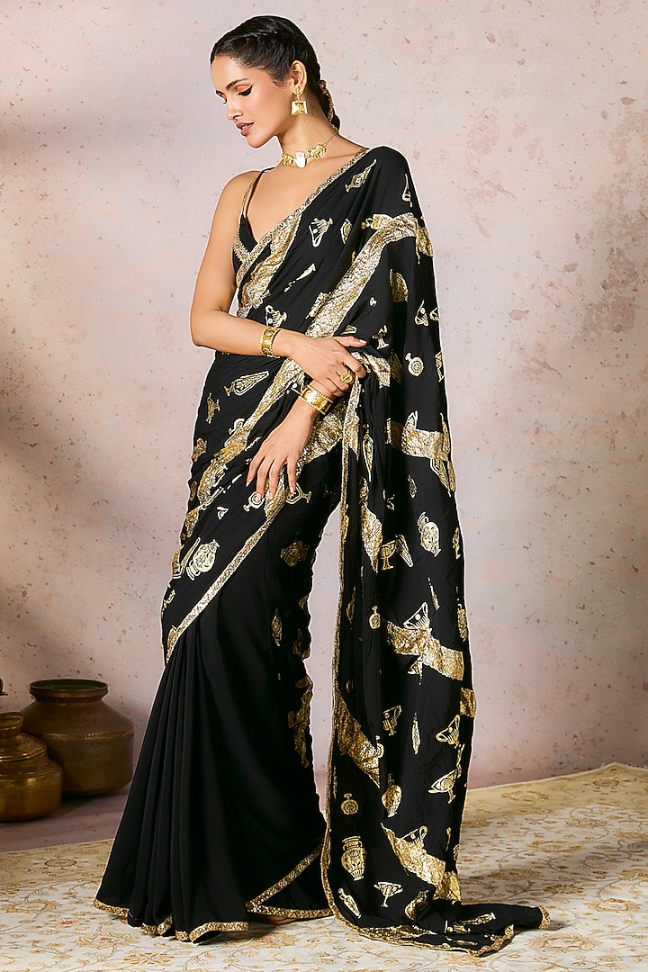 Black Crepe Silk Foil Printed & Gota Embellished Wedding Saree Set by Masaba at Pernia's Pop Up Shop