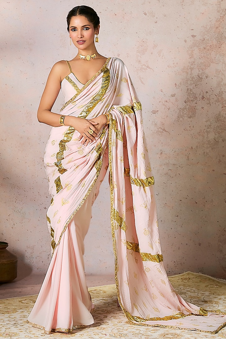 Baby Pink Crepe Silk Foil Printed & Gota Embellished Saree Set by Masaba