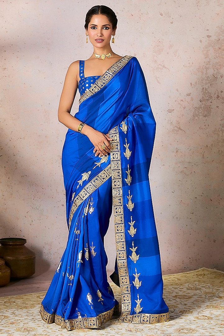 Blue Raw Silk Fish Motifs Embroidered Striped Saree Set by Masaba at Pernia's Pop Up Shop