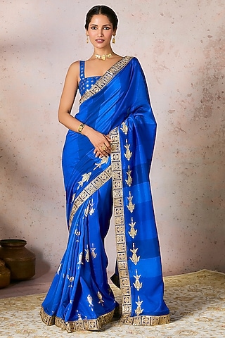 Blue Raw Silk Fish Motifs Embroidered Striped Saree Set by Masaba