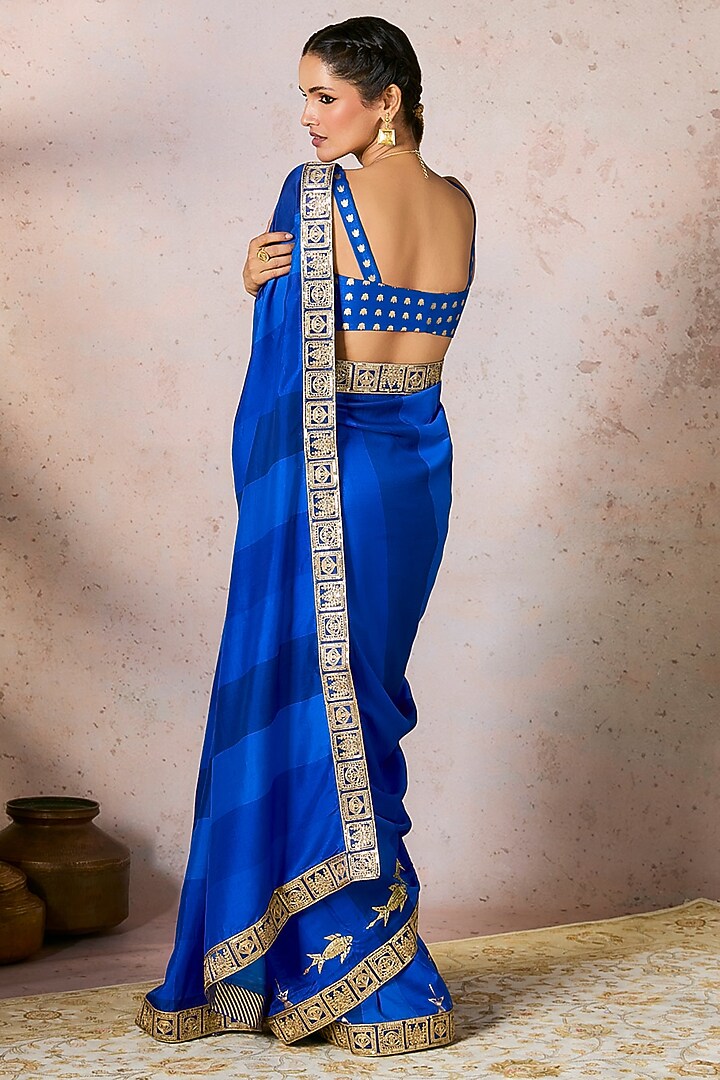 Blue Raw Silk Fish Motifs Embroidered Striped Wedding Saree Set by Masaba at Pernia's Pop Up Shop