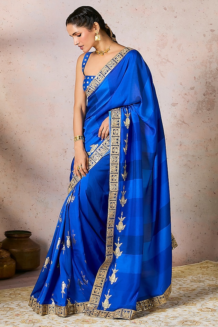 Blue Raw Silk Fish Motifs Embroidered Striped Wedding Saree Set by Masaba at Pernia's Pop Up Shop