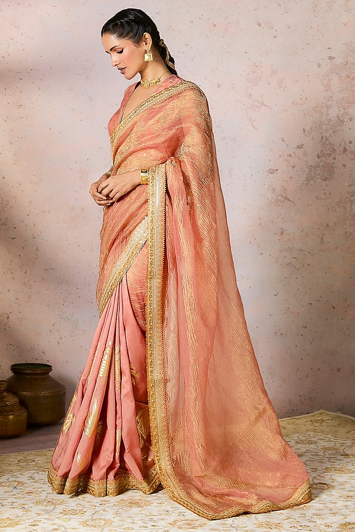 Peach Raw Silk & Tissue Foil Printed Wedding Saree Set by Masaba at Pernia's Pop Up Shop