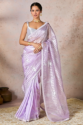 Lilac Tissue Foil Printed Striped Saree Set by Masaba