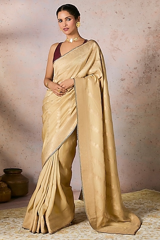 Beige Jacquard Silk Pinstriped Saree Set by Masaba