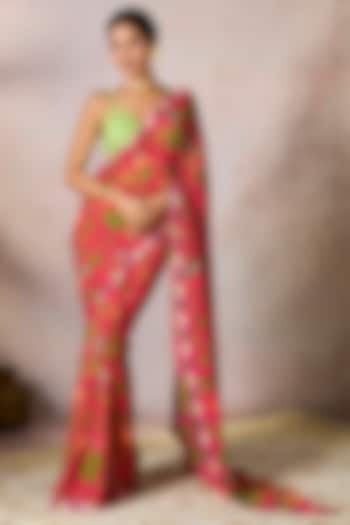 Pink Georgette Tropical Printed & Sequins Embellished Saree Set by Masaba