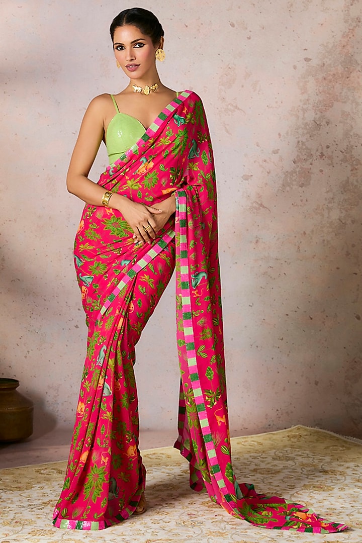 Pink Georgette Tropical Printed & Sequins Embellished Saree Set by Masaba