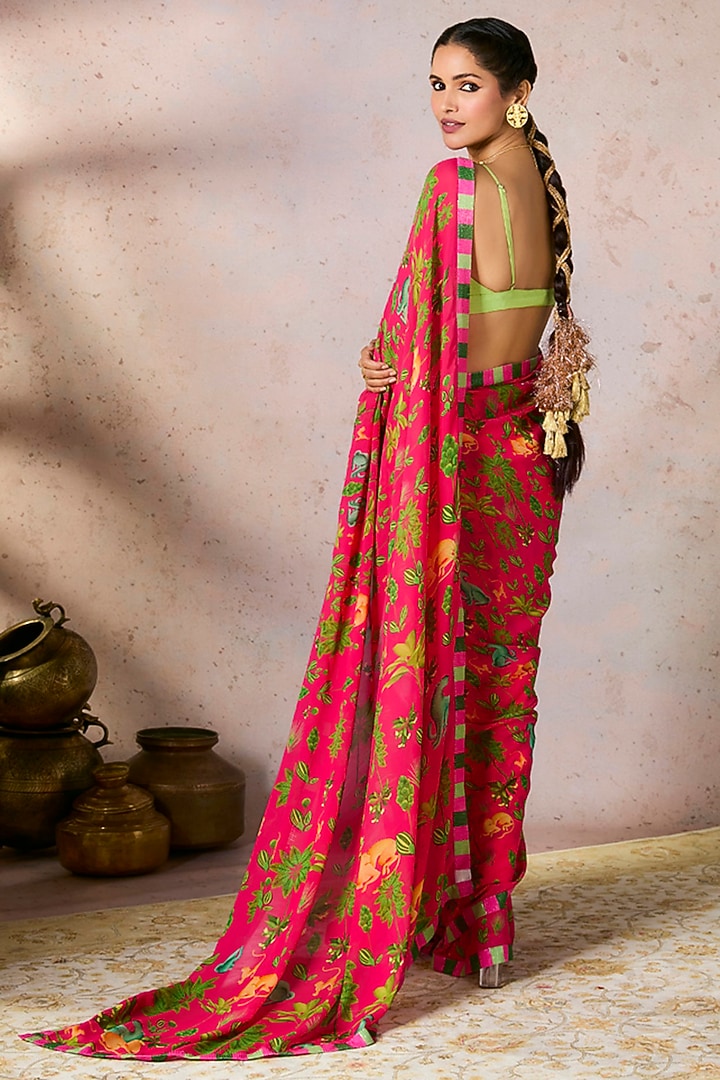 Pink Georgette Tropical Printed & Sequins Embellished Party Wear Saree Set by Masaba at Pernia's Pop Up Shop