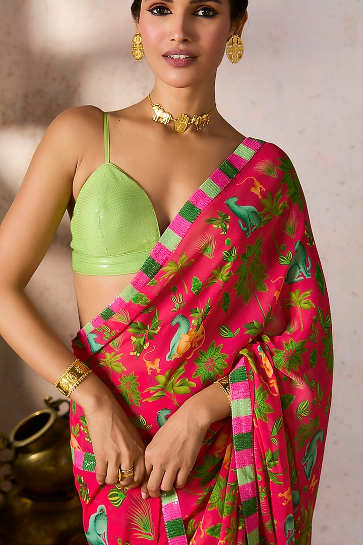 Pink Georgette Tropical Printed & Sequins Embellished Party Wear Saree Set by Masaba at Pernia's Pop Up Shop
