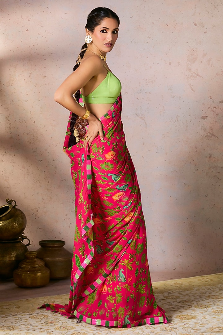 Pink Georgette Tropical Printed & Sequins Embellished Party Wear Saree Set by Masaba at Pernia's Pop Up Shop