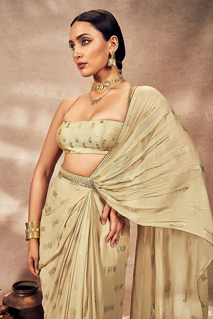 Beige Georgette Foil Printed & Gota Embellished Pre-Stitched Wedding Saree Set by Masaba at Pernia's Pop Up Shop