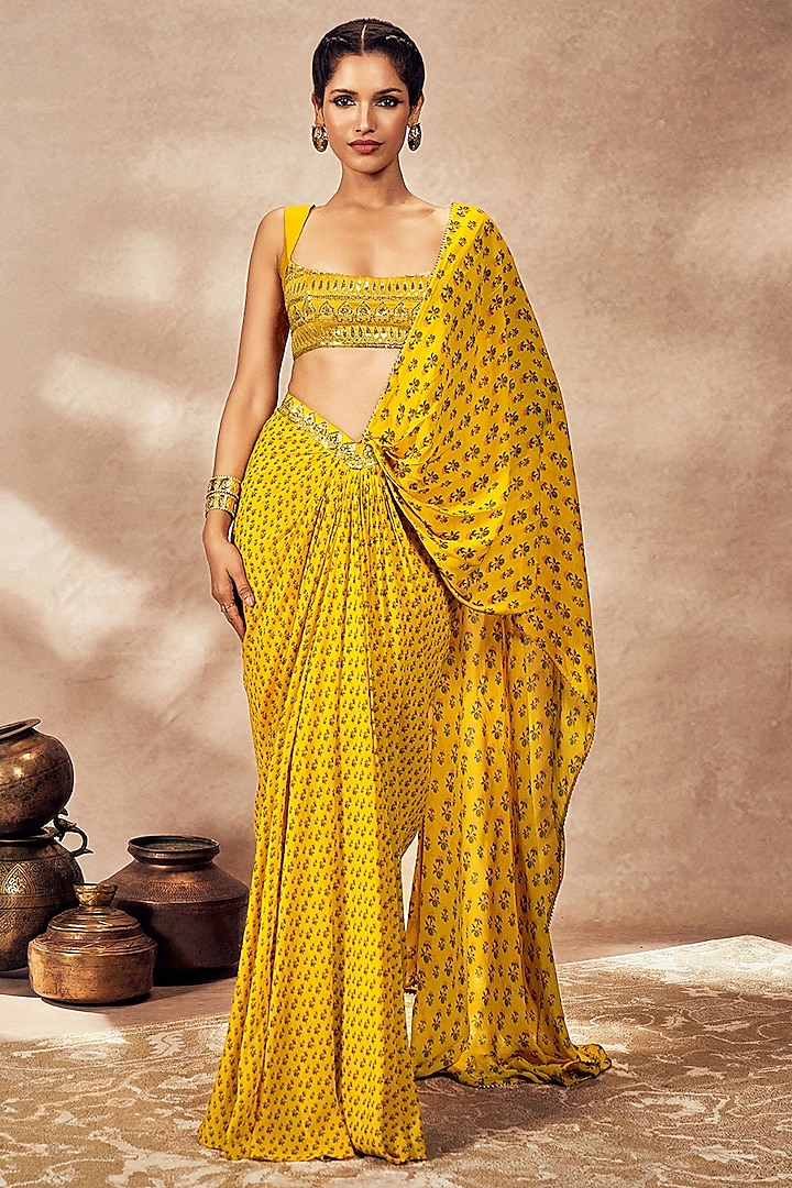 Yellow Georgette Digital Printed & Sequins Embellished Pre-Stitched Saree Set by Masaba