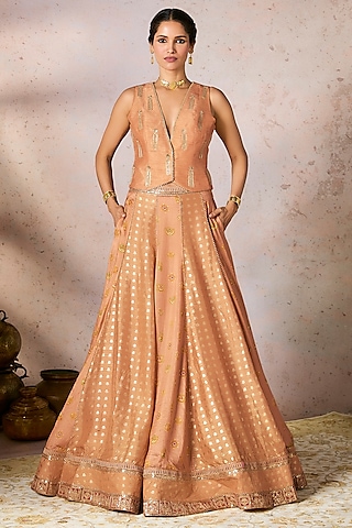 Salmon Raw Silk Foil Printed & Kinari Embellished Lehenga Set by Masaba
