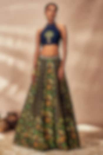 Blue Raw Silk Digital Printed & Kinari Embellished Lehenga Set by Masaba