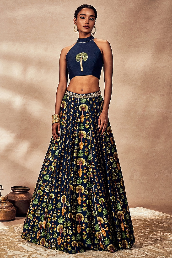 Blue Raw Silk Digital Printed & Kinari Embellished Lehenga Set by Masaba