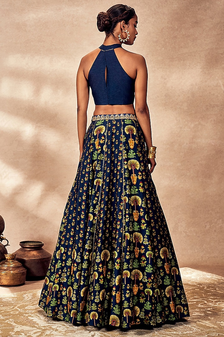 Blue Raw Silk Digital Printed & Kinari Embellished Wedding Lehenga Set by Masaba at Pernia's Pop Up Shop