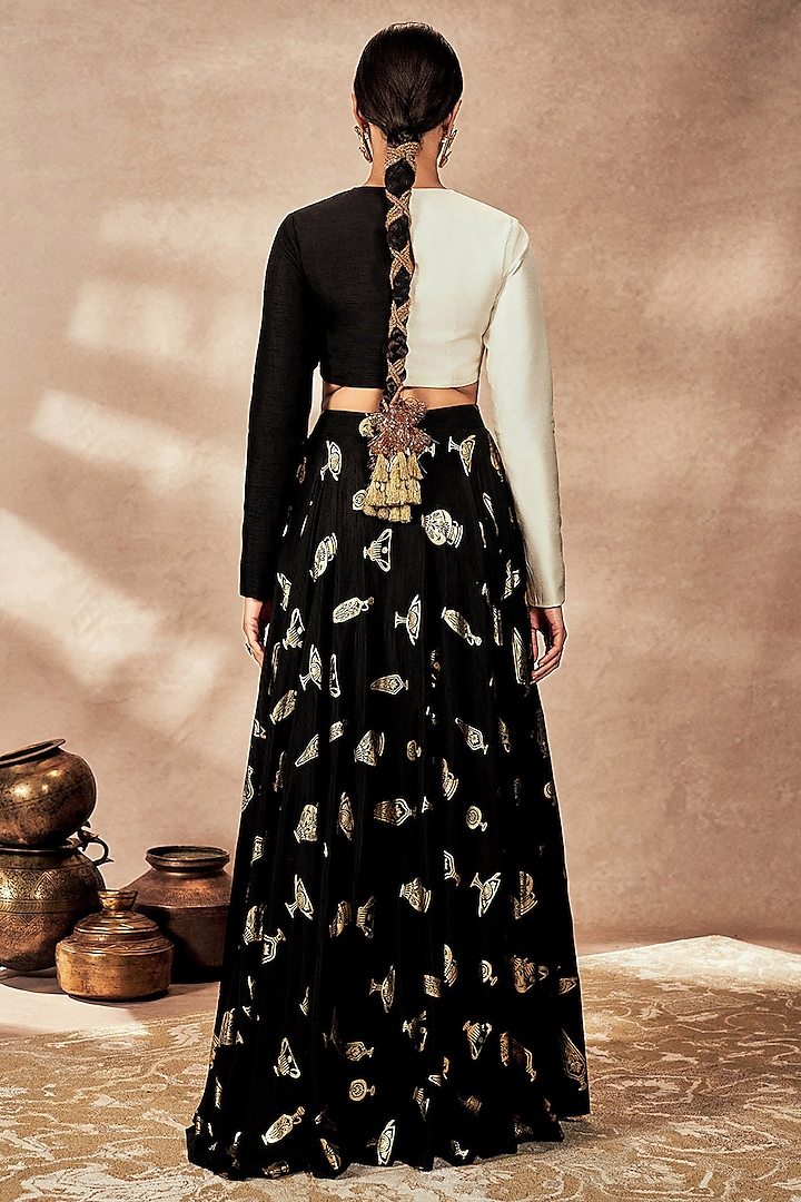 Black Raw Silk Foil Printed Skirt Set by Masaba at Pernia's Pop Up Shop