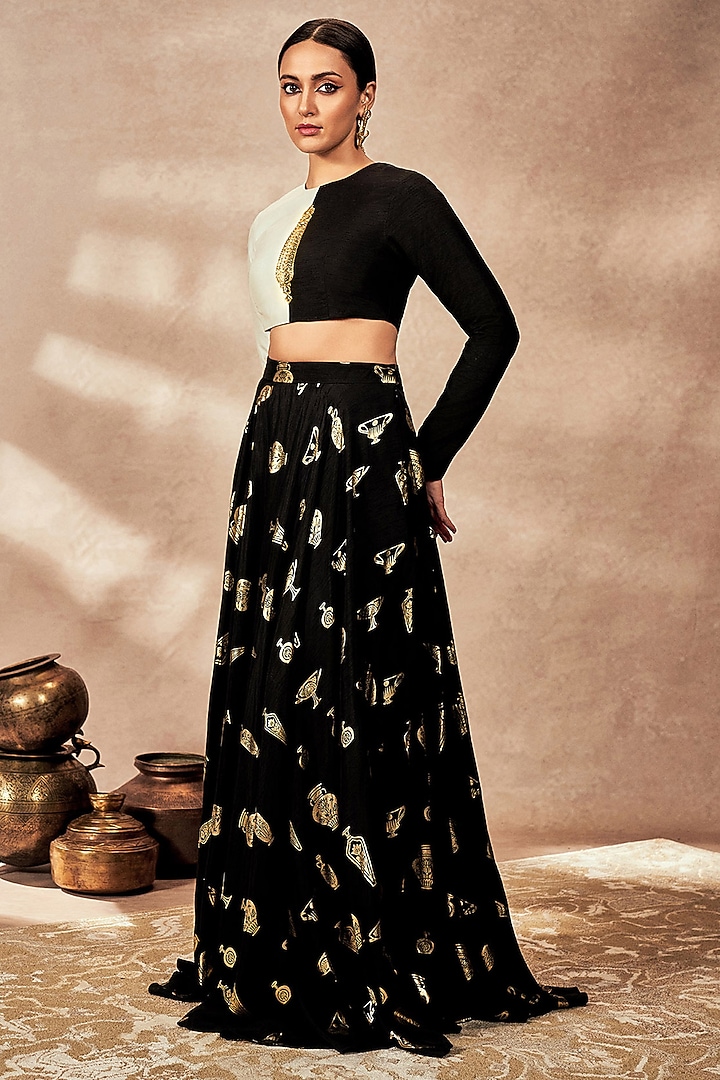Black Raw Silk Foil Printed Skirt Set by Masaba at Pernia's Pop Up Shop