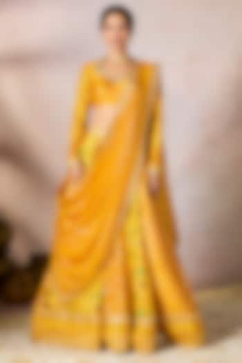 Yellow Raw Silk Foil Printed & Kinari Embellished Wedding Lehenga Set by Masaba at Pernia's Pop Up Shop