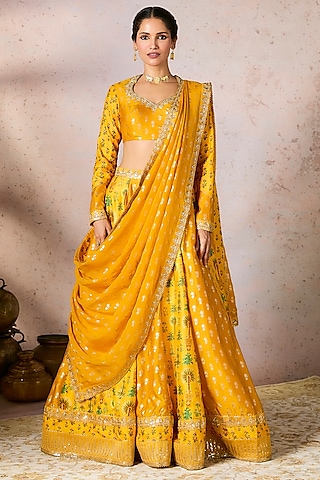 Yellow Raw Silk Foil Printed & Kinari Embellished Lehenga Set by Masaba