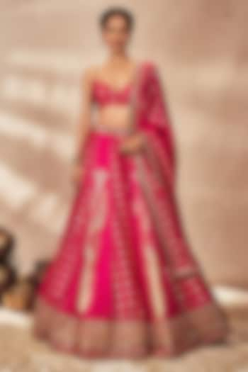 Pink Raw Silk Foil Printed & Kinari Embellished Wedding Lehenga Set by Masaba at Pernia's Pop Up Shop