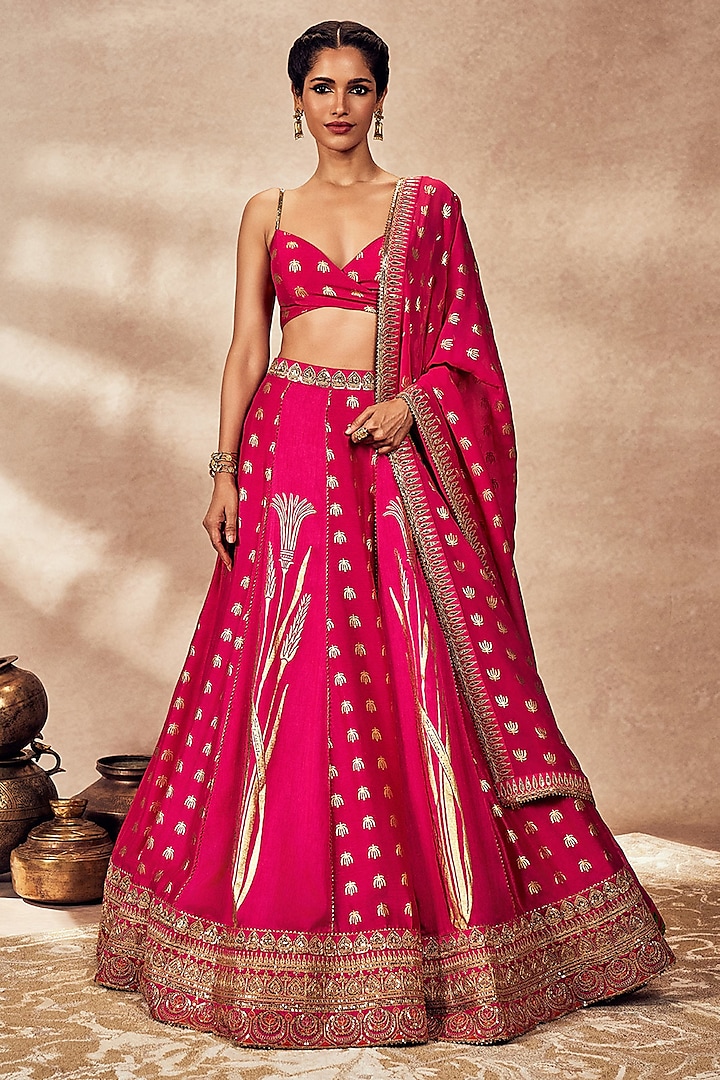 Pink Raw Silk Foil Printed & Kinari Embellished Wedding Lehenga Set by Masaba at Pernia's Pop Up Shop