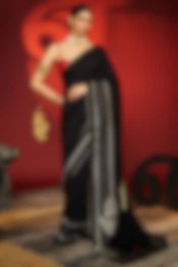 Charcoal Black Raw Silk Digital Printed Wedding Saree Set by Masaba at Pernia's Pop Up Shop