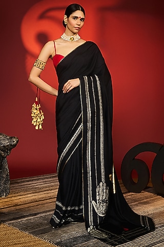 Charcoal Black Raw Silk Digital Printed Saree Set by Masaba