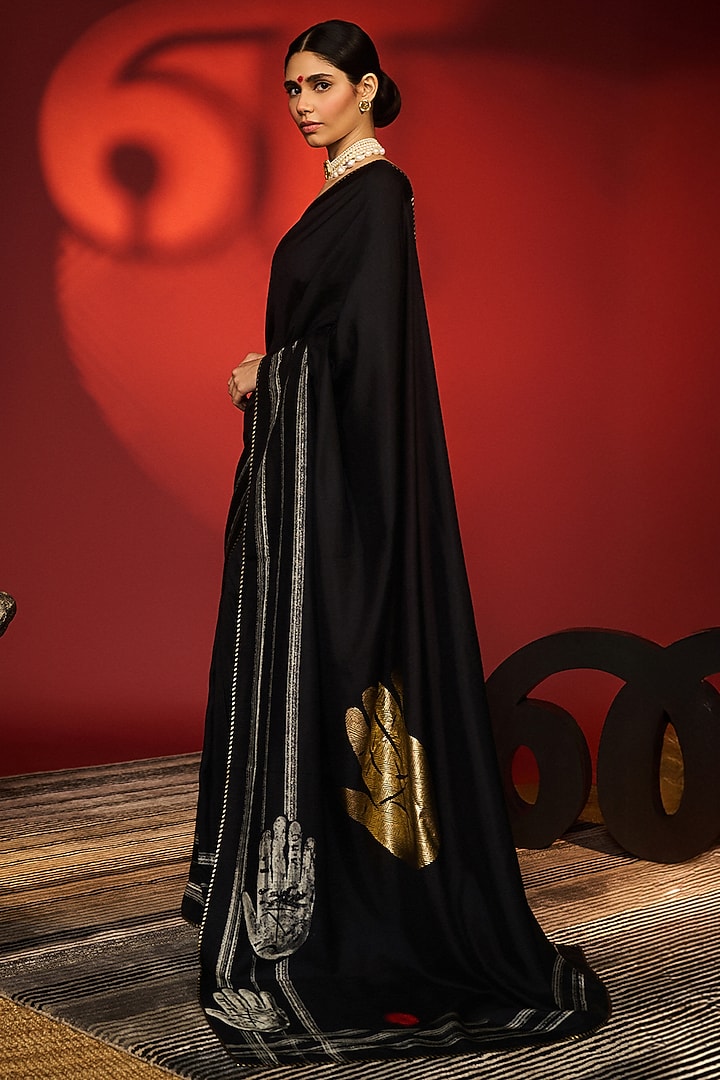 Charcoal Black Raw Silk Digital Printed Wedding Saree Set by Masaba at Pernia's Pop Up Shop
