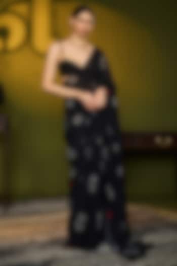 Black Georgette Palm Digital Printed Party Wear Saree Set by Masaba at Pernia's Pop Up Shop