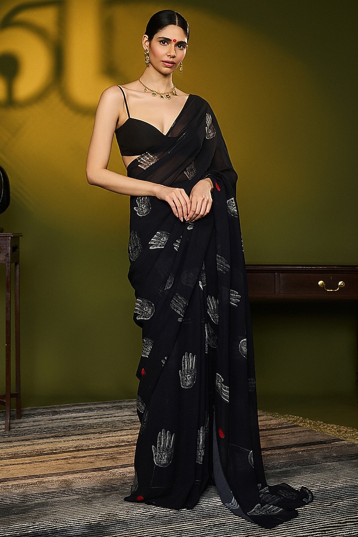 Black Georgette Palm Digital Printed Party Wear Saree Set by Masaba at Pernia's Pop Up Shop