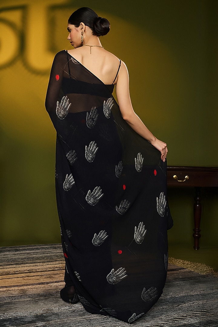 Black Georgette Palm Digital Printed Party Wear Saree Set by Masaba at Pernia's Pop Up Shop