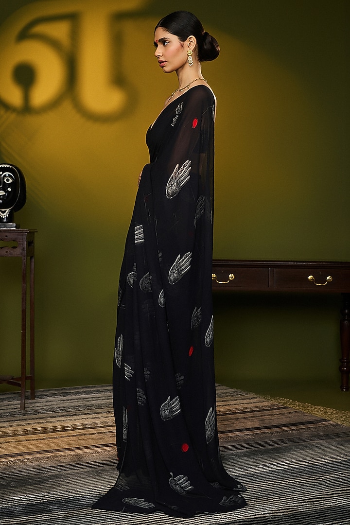 Black Georgette Palm Digital Printed Party Wear Saree Set by Masaba at Pernia's Pop Up Shop