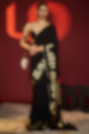 Black Mul Silk Digital Foil Printed Wedding Saree Set by Masaba at Pernia's Pop Up Shop