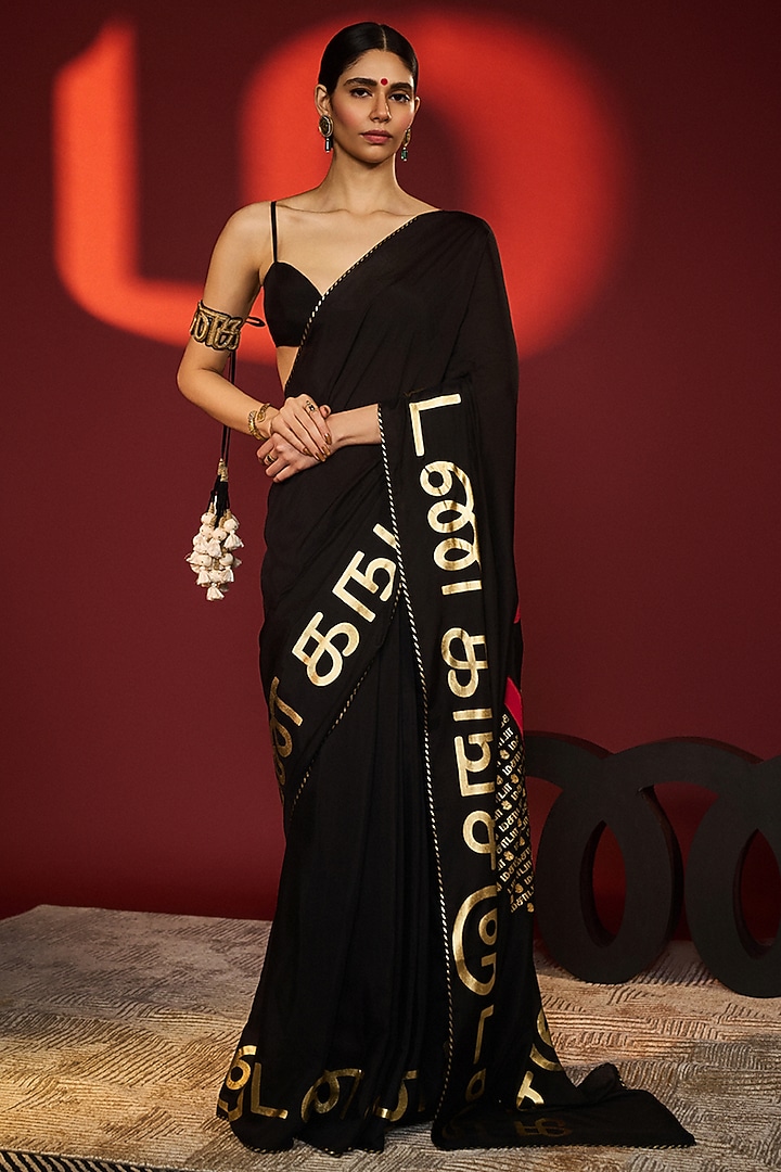 Black Mul Silk Digital Foil Printed Wedding Saree Set by Masaba at Pernia's Pop Up Shop