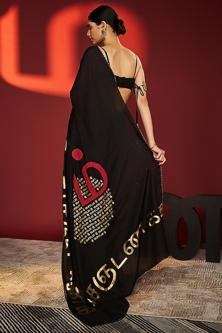 Black Mul Silk Digital Foil Printed Wedding Saree Set by Masaba at Pernia's Pop Up Shop