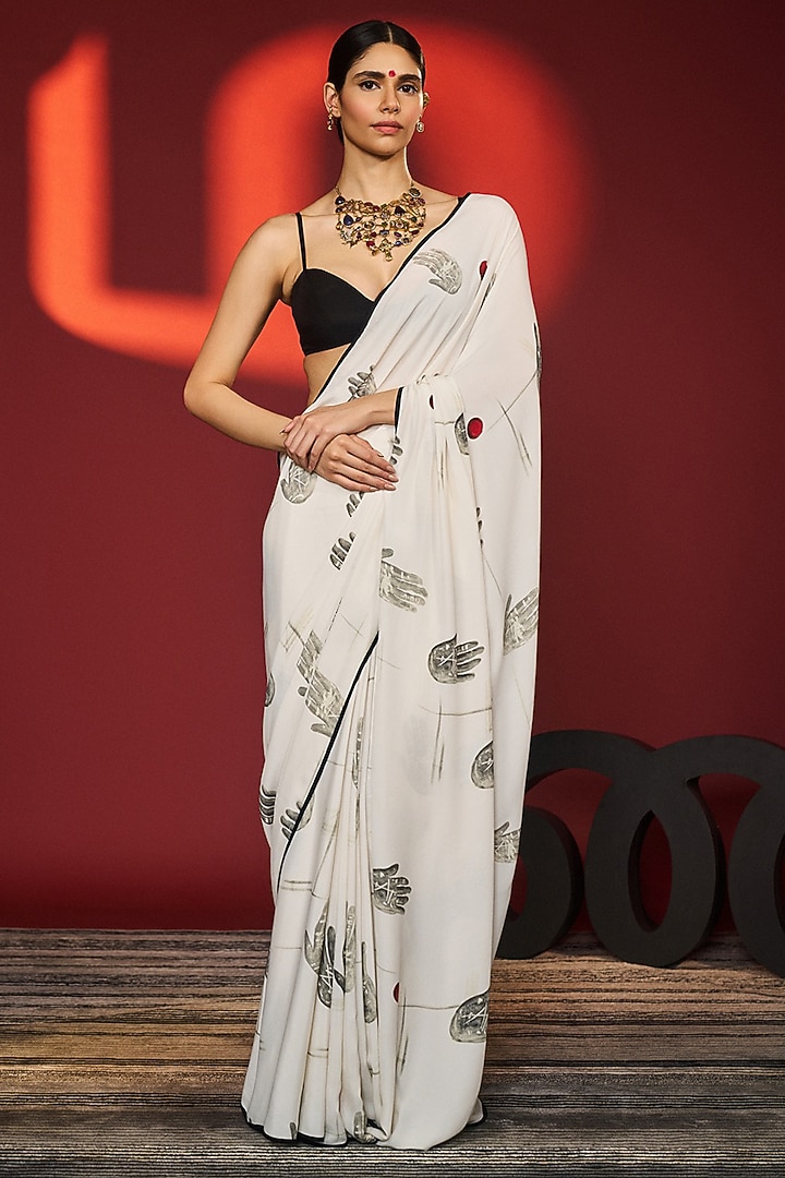 Ecru Crepe Digital Printed Party Wear Saree Set by Masaba at Pernia's Pop Up Shop