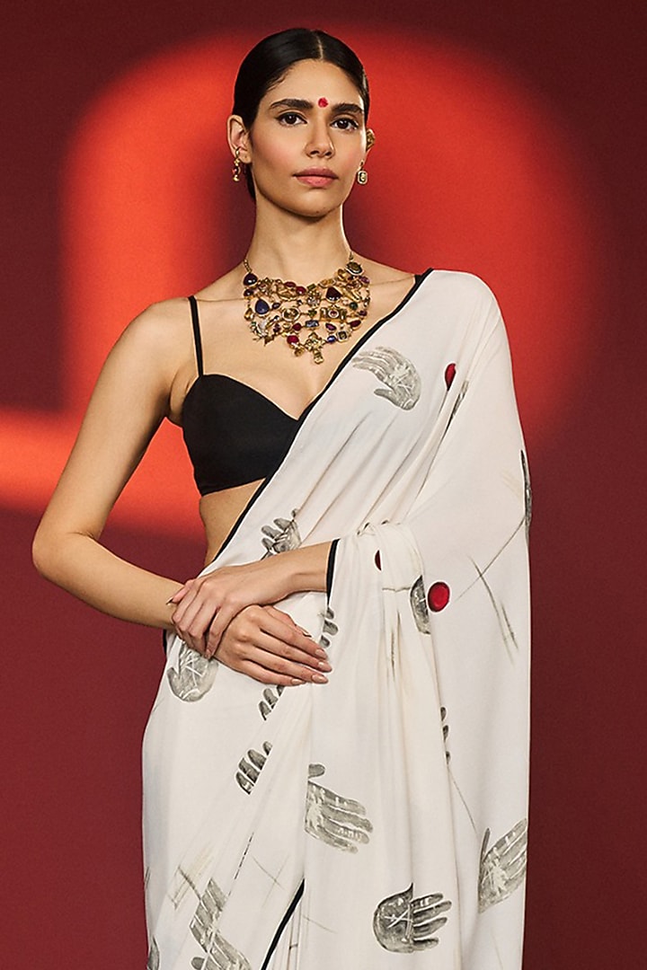 Ecru Crepe Digital Printed Party Wear Saree Set by Masaba at Pernia's Pop Up Shop