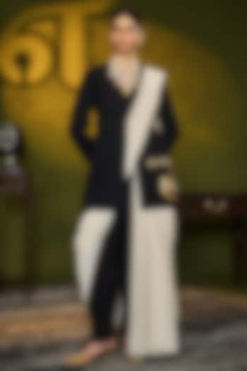 Ivory & Black Mul Silk Digital Printed Jacket Wedding Saree Set by Masaba at Pernia's Pop Up Shop