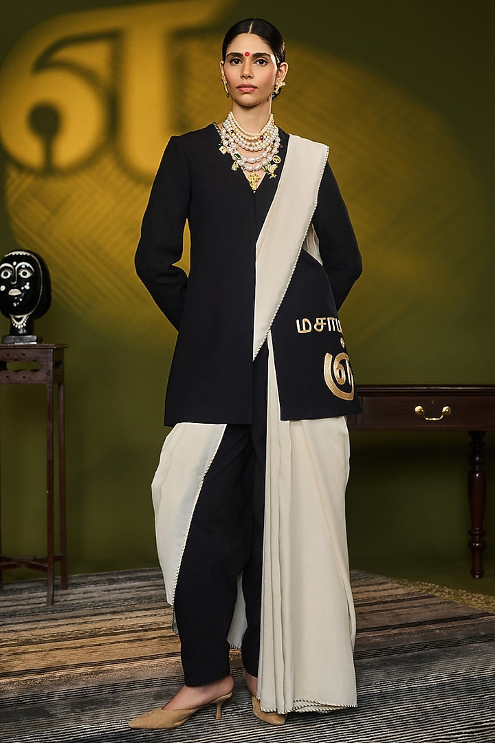 Ivory & Black Mul Silk Digital Printed Jacket Wedding Saree Set by Masaba at Pernia's Pop Up Shop