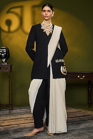 Ivory & Black Mul Silk Digital Printed Jacket Saree Set by Masaba