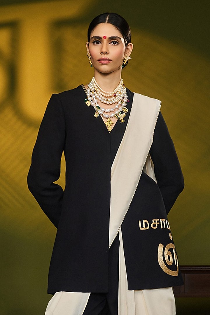 Ivory & Black Mul Silk Digital Printed Jacket Wedding Saree Set by Masaba at Pernia's Pop Up Shop