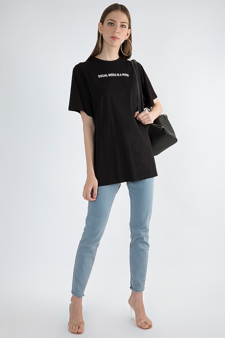 Black Caption Printed T-Shirt by Masaba at Pernia's Pop Up Shop