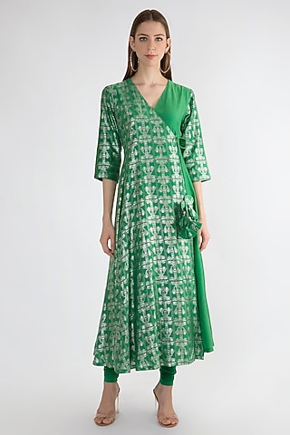 Emerald Green Printed Angrakha Kurta by Masaba