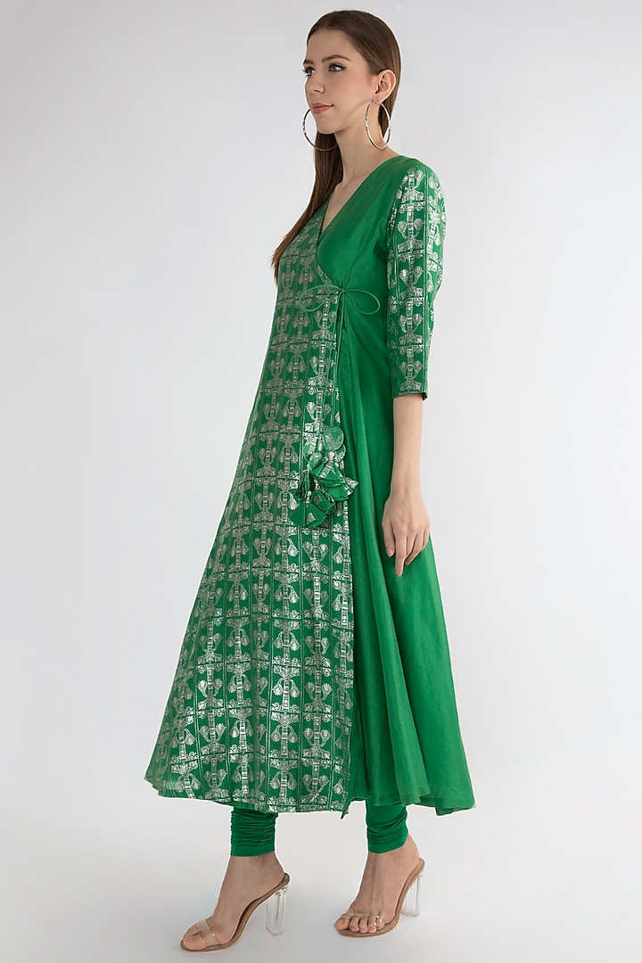 Emerald Green Printed Angrakha Kurta by Masaba at Pernia's Pop Up Shop