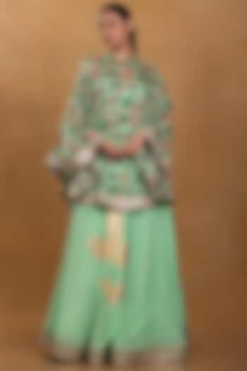 Mint Green Embroidered Skirt Set With Cape by Masaba