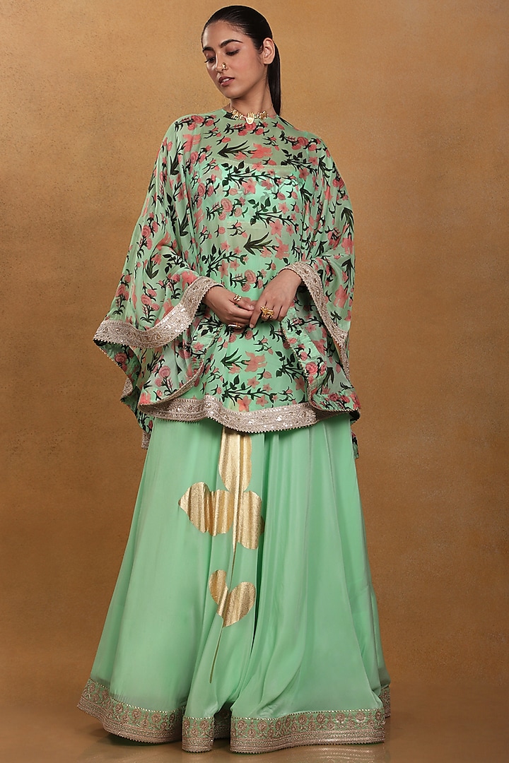 Mint Green Embroidered Skirt Set With Cape by Masaba