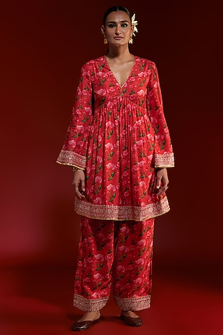 Red Raw Silk Digital Printed Kurta Set by Masaba