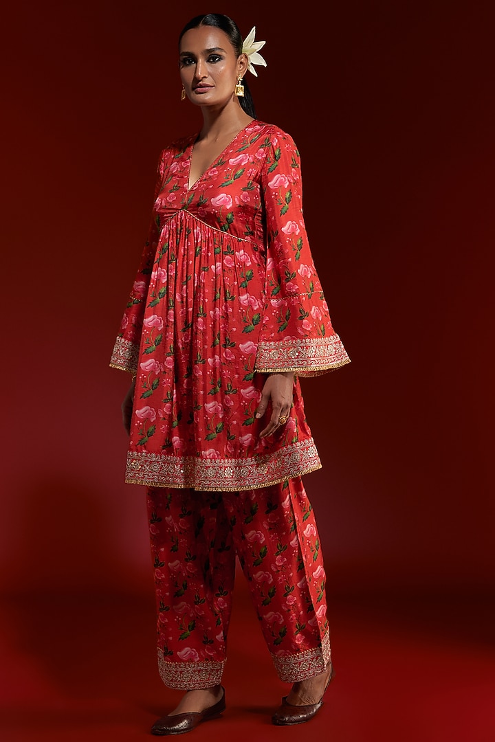 Red Raw Silk Digital Printed Kurta Set by Masaba at Pernia's Pop Up Shop